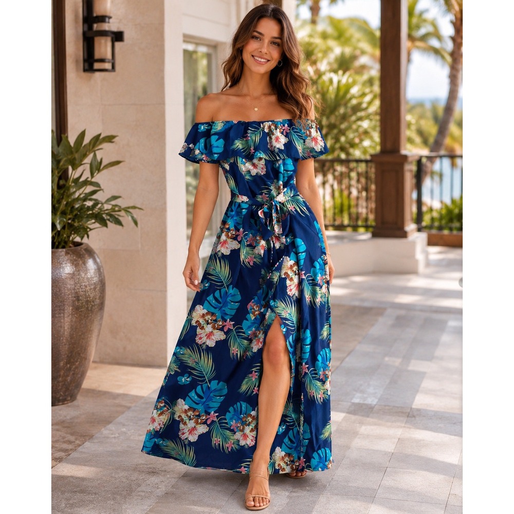 Emery Rose Tropical Floral Maxi Dress Navy Blue Off Shoulder Ruffle Slit Large